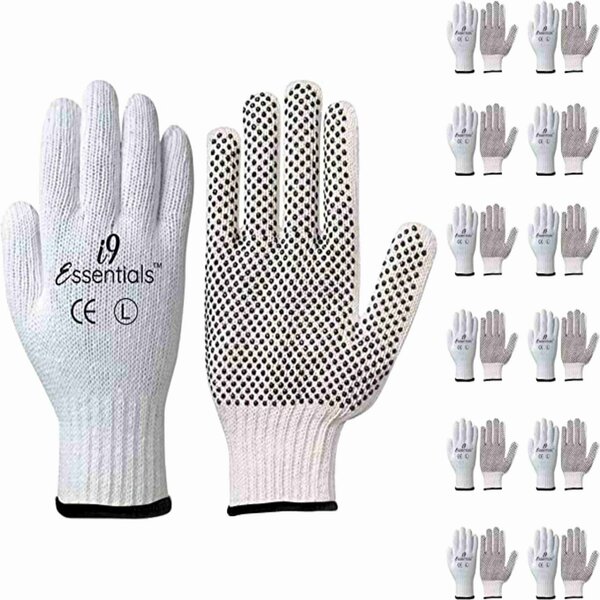 I9 Essentials Cotton & Dotted PVC Cotton Work Gloves White Size L -, 12PK 100024